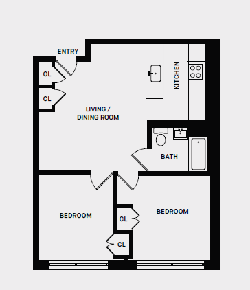 Floor plan for 2 beds, 1 bath, 669 sqft